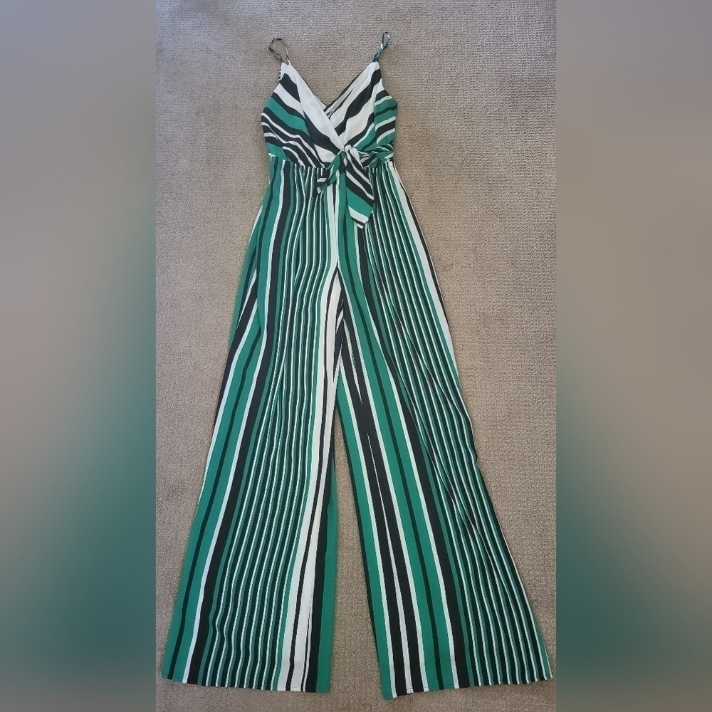 Express Sleeveless V Neck Multi Color Vertical Stripe Bow Tie Boho Jumpsuit - Picture 6 of 11